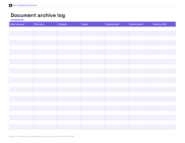Preview of Printable Archive Log Sheet